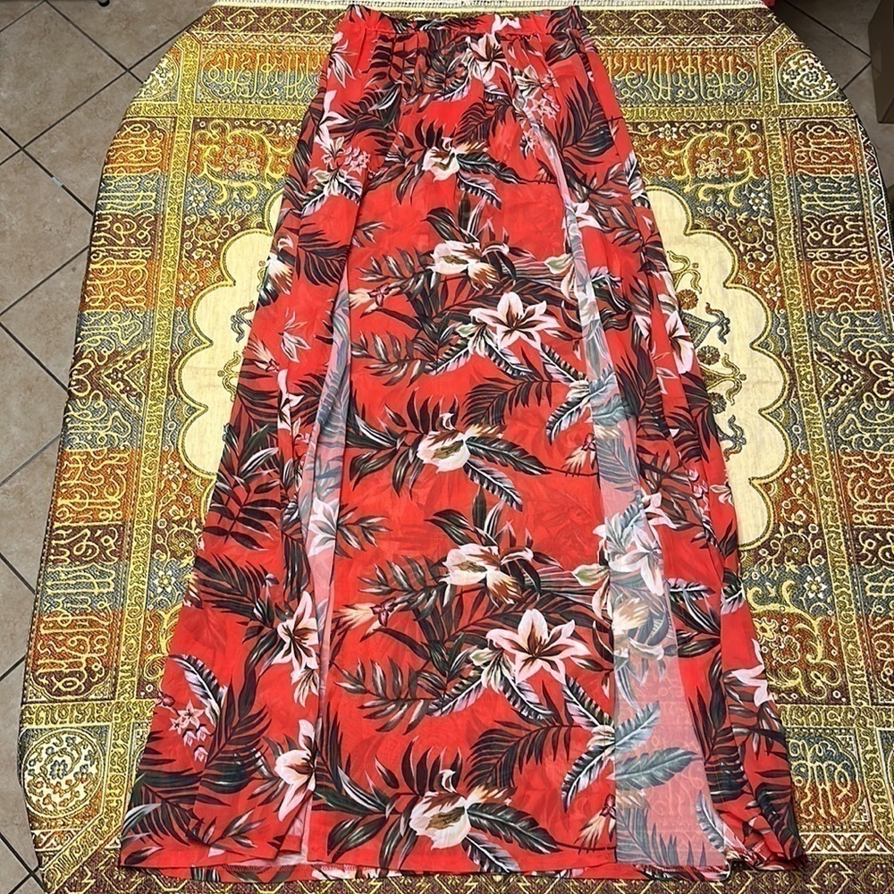 TROPICAL Two Piece Skirt Set Red Size Large Palm Print Lillies Summer - Picture 13 of 16